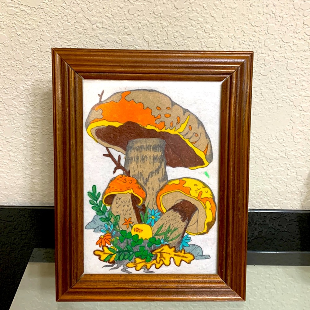 Vintage Retro 70’s  Frame Mushroom Wall Hanging Art 9x6.5